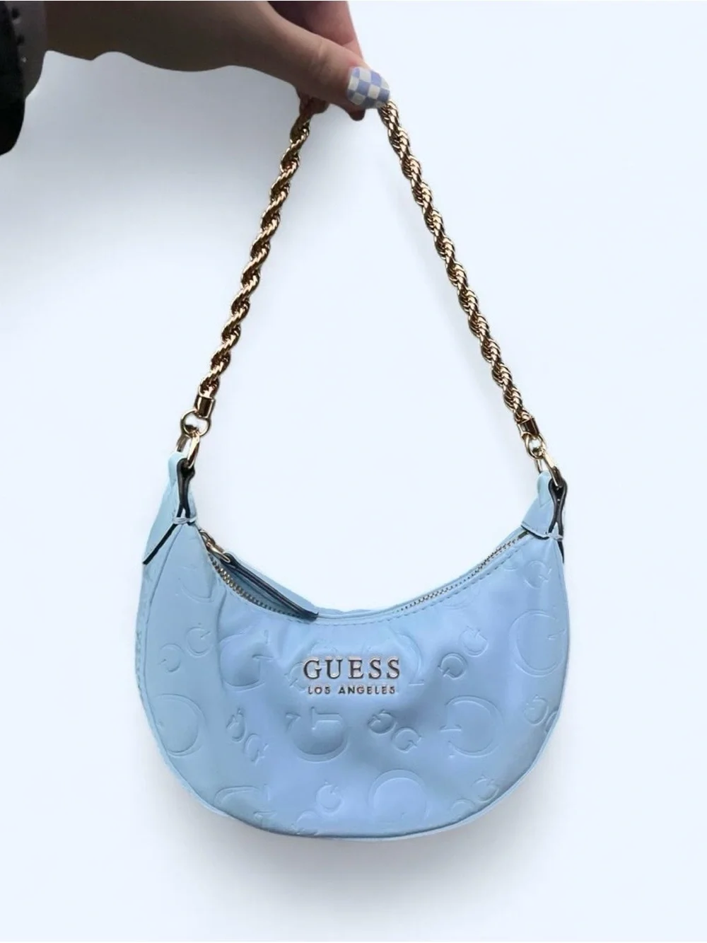 GUESS Light Blue Embossed Chain-Handle Shoulder Bag
